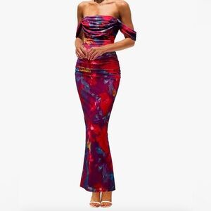 NWT PrettyGarden Red Floral Off Shoulder Ruched Cocktail Dress Wedding Guest